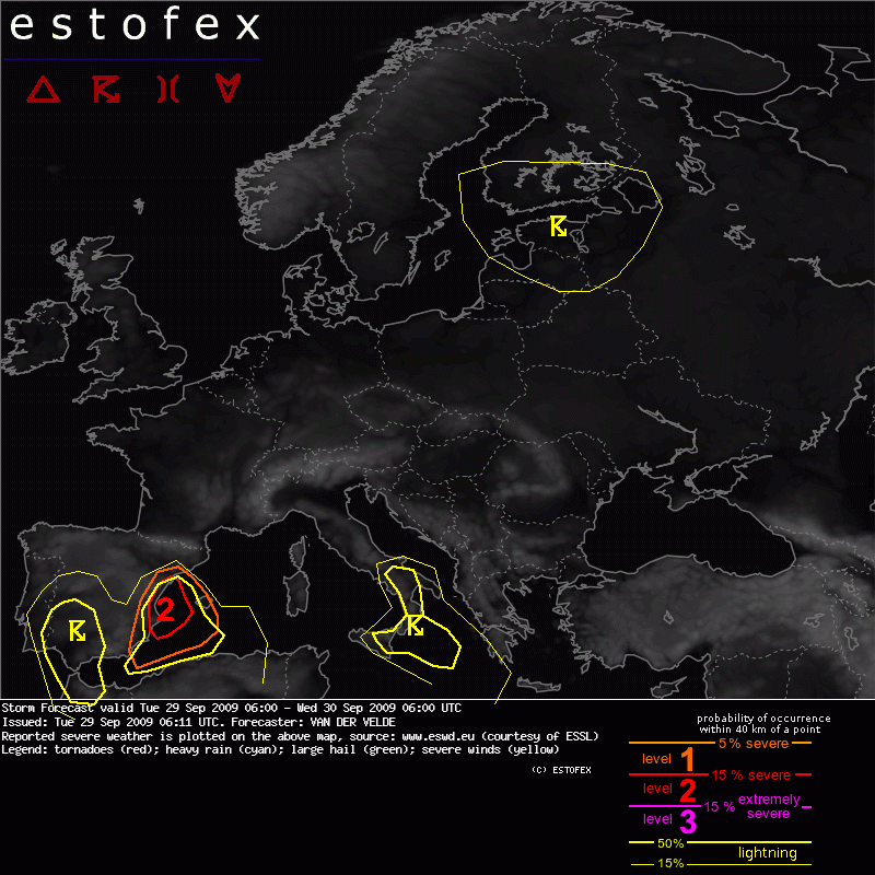 Mapa de previsión de tiempo severo de ESTOFEX del día 29 de septiembre