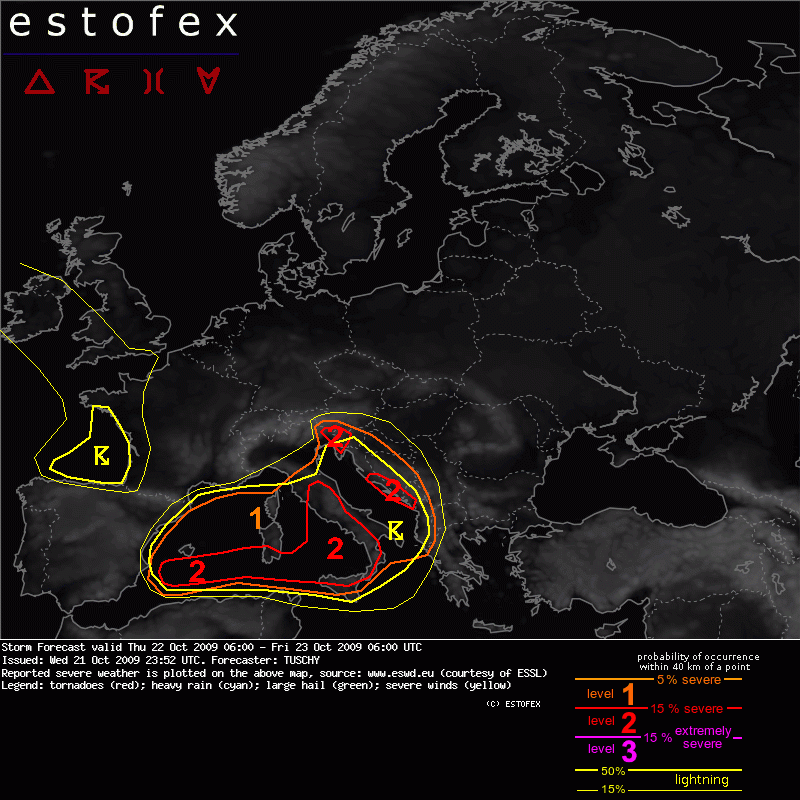 22 October 2009 Big MDT Risk over Europe today Showforecast.cgi?lightningmap=yes&fcstfile=2009102306_200910212352_2_stormforecast